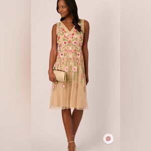 Adrianna Papell Beige Tulle Midi Dress with Pink Floral Embroidery